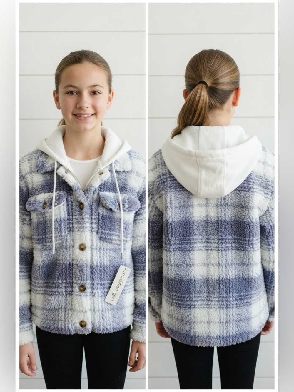 Madden Girl Blue and White Plaid Sherpa Jacket with Hood and Button Detail